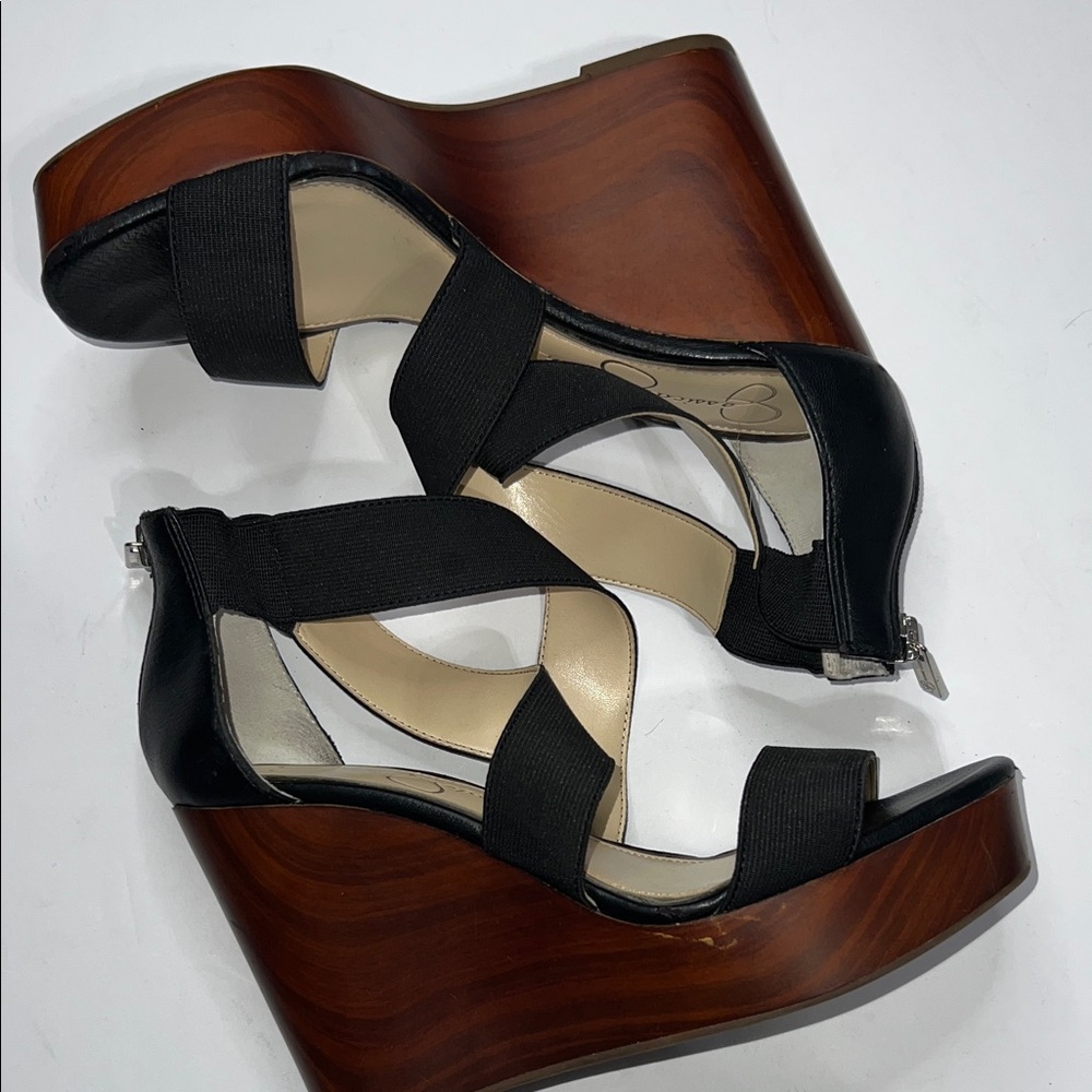 Women’s Jessica Simpson Black and Brown Wedge Sandals size 6.5
